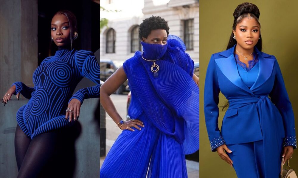 Three African models showcasing different blue fashion styles in an urban setting
