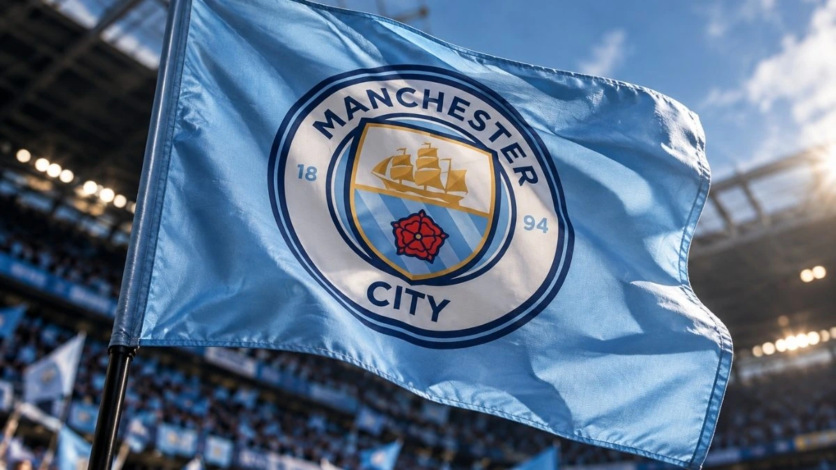 Stadium lights and a football with a rising financial chart, symbolising the Manchester City financial scandal.