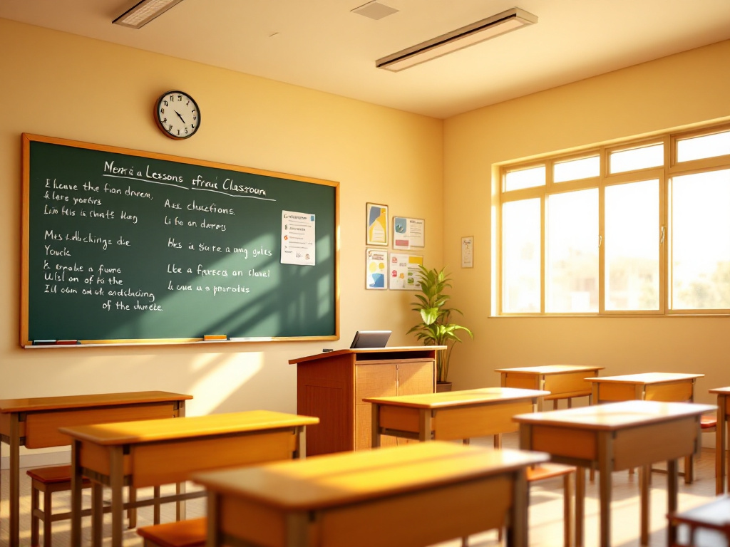 A clean, well-lit Nigerian primary school classroom with educational materials and a chalkboard, symbolizing the importance of quality education and competent teachers.