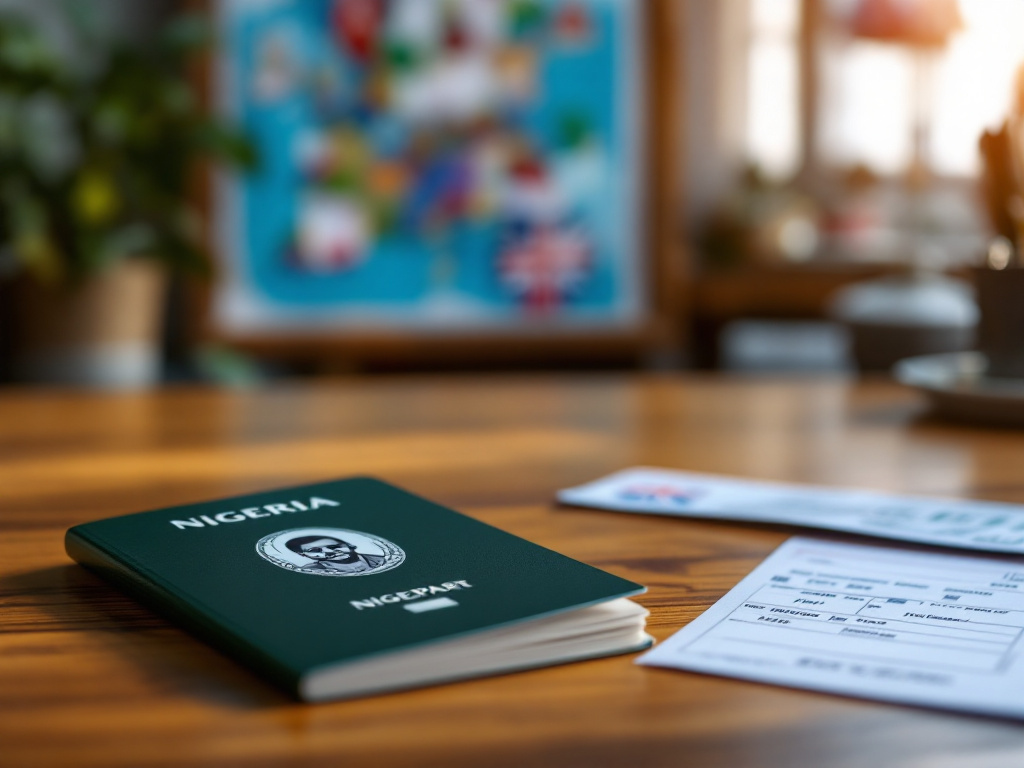 Nigerian passport and UK travel documents on a desk
