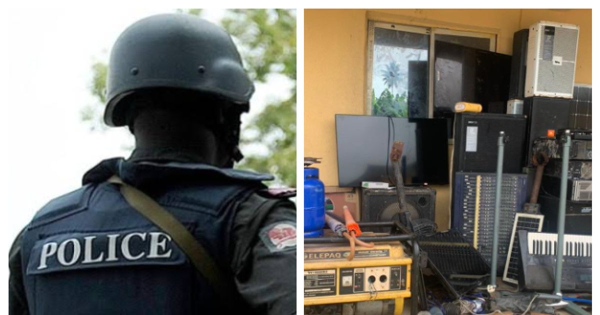 Nigerian police vehicle outside a church compound at dusk following a church robbery arrest in Delta State