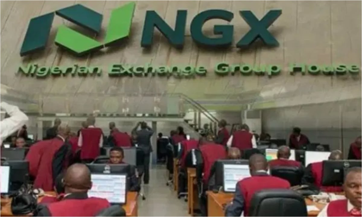 Modern NGX trading floor with digital displays and Nigerian architectural elements creating a vibrant editorial scene