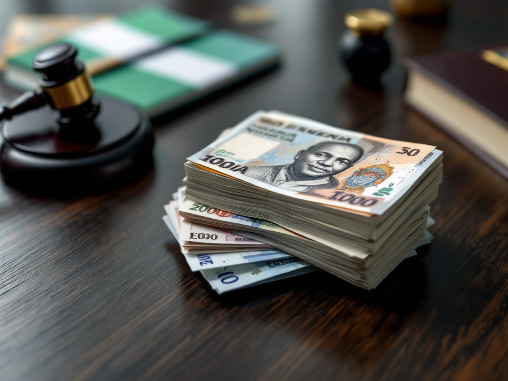 A symbolic representation of EFCC recoveries in 2026, showing Nigerian naira, US dollars, British pounds, and euros on a desk with legal and governance symbols.