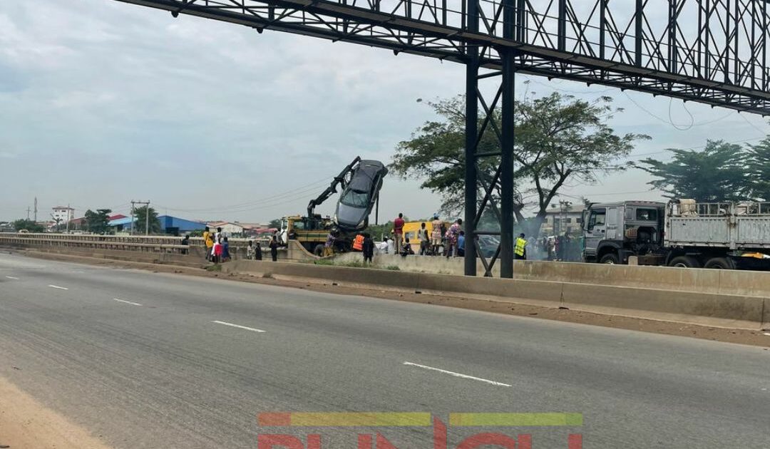 Workers prepare to repair damaged expansion joints on Kara Bridge along the Lagos-Ibadan Expressway.