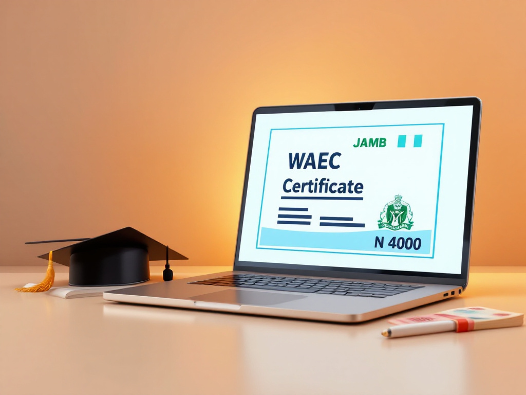 A laptop showing a WAEC certificate next to a N4,000 note on a desk, representing the new O’Level result verification fee by JAMB and WAEC.