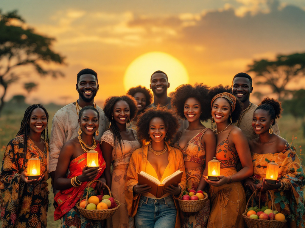 A diverse group of Africans celebrating the start of September with warm smiles, symbolic items, and a sunrise background, representing hope and new beginnings.