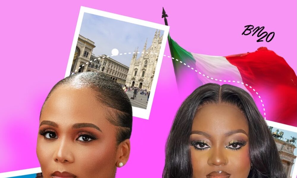 Two Nigerian fashion influencers in African-inspired attire on a Milan runway, embodying The Pink Table Milan vibe.