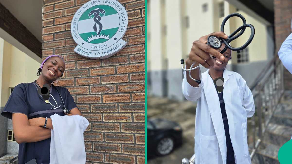 A smiling Nigerian lady in a white lab coat stands proudly in a university courtyard, celebrating her BDS degree achievement surrounded by peers and greenery.