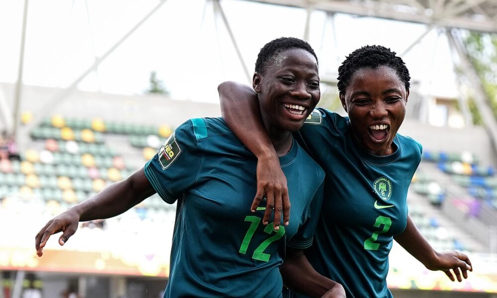 Nigeria Falconets celebrating a goal in a packed stadium during the U‑20 Women’s World Cup quarter‑finals match.