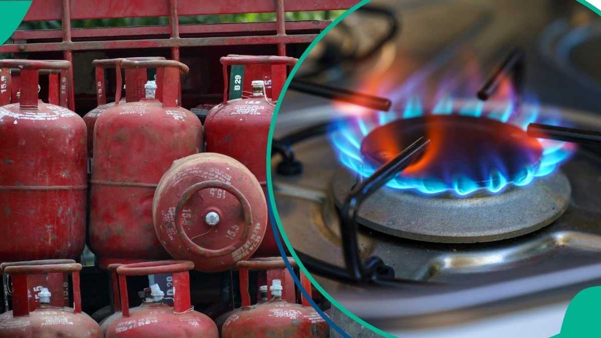 Nigerian market scene showing cooking gas cylinders and price board indicating N1,500/kg