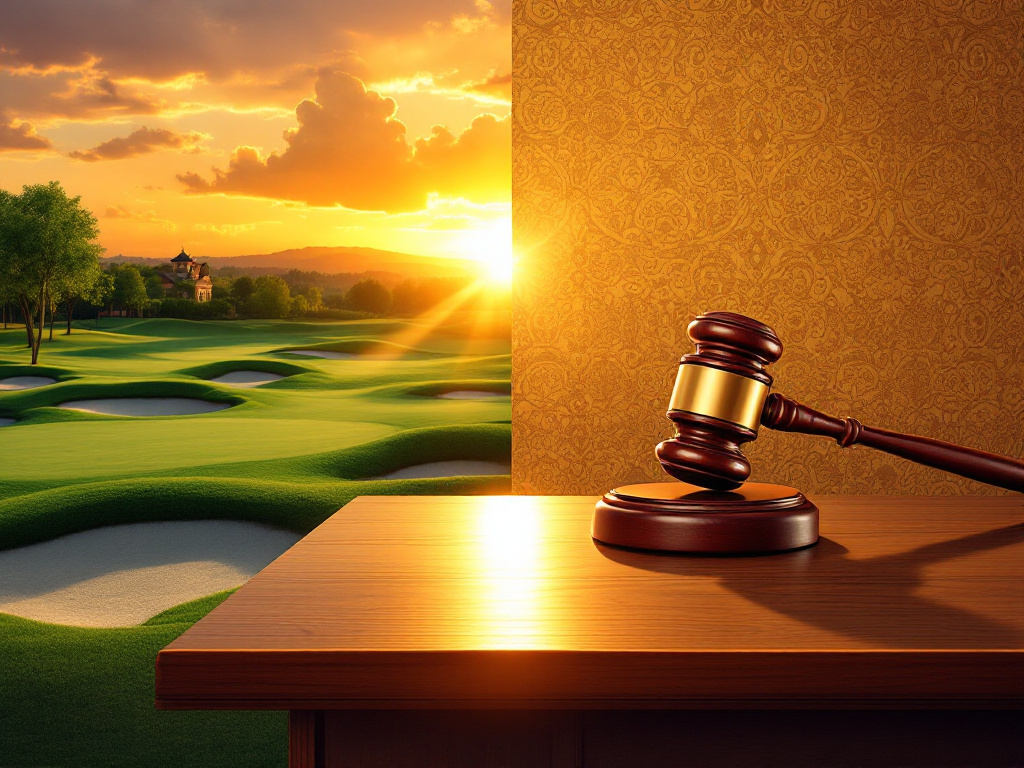 A symbolic split image of a golf course and a courtroom gavel, representing Tiger Woods' DUI case and its legal implications.