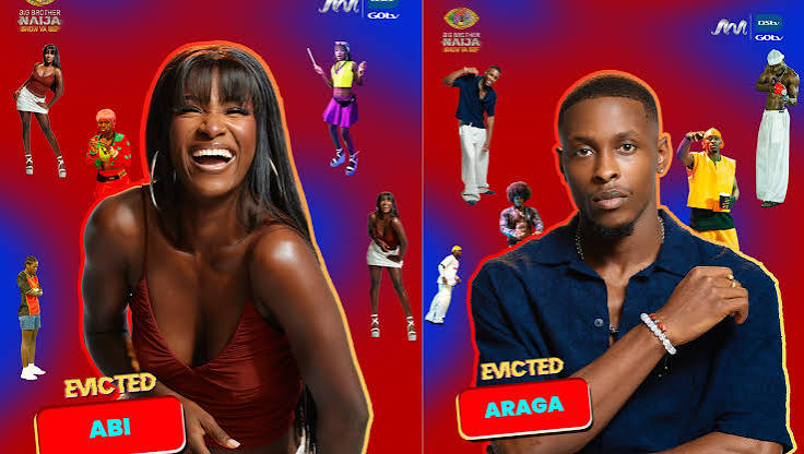 Empty BBNaija house set with colourful décor and a large screen displaying the show’s logo.