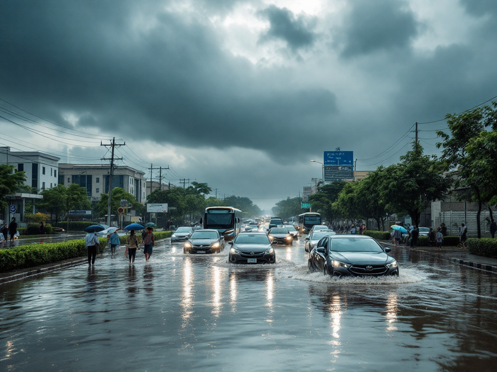 A flooded road in Abuja with vehicles and pedestrians navigating through deep water after heavy rainfall.