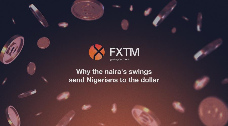 Side-by-side view of a bustling Nigerian market and a bank interior showing exchange rate fluctuations, symbolizing naira volatility in 2026.