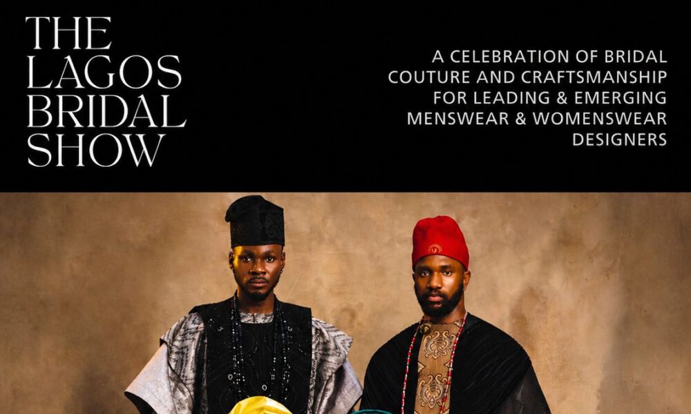 Three stunning Nigerian bridal gowns displayed in a modern Lagos studio with soft lighting and African-inspired decor elements