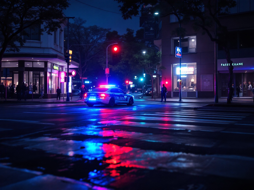 A police vehicle with flashing lights near a pedestrian crossing in Adelaide at dusk, symbolizing a road incident investigation.