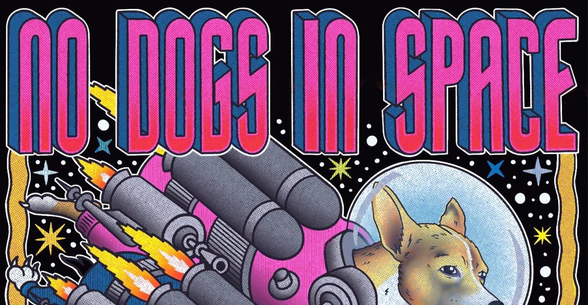A black and white image of a punk rock concert, symbolizing the music history explored in No Dogs in Space.