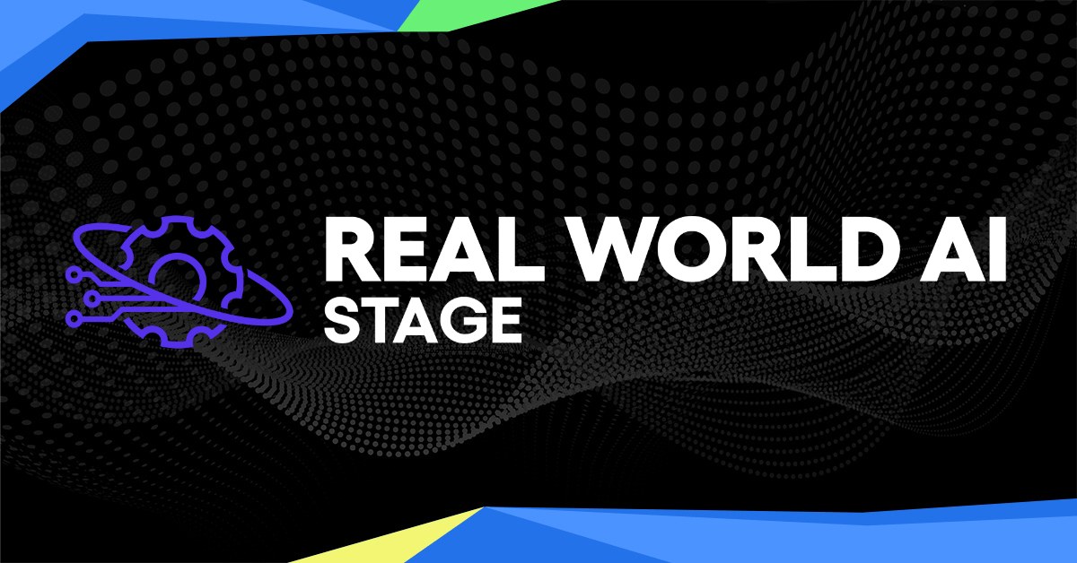A humanoid robot interacts with a holographic dinosaur skeleton on the Real-World AI Stage at TechCrunch Disrupt 2026, with Nvidia AI servers in the background.