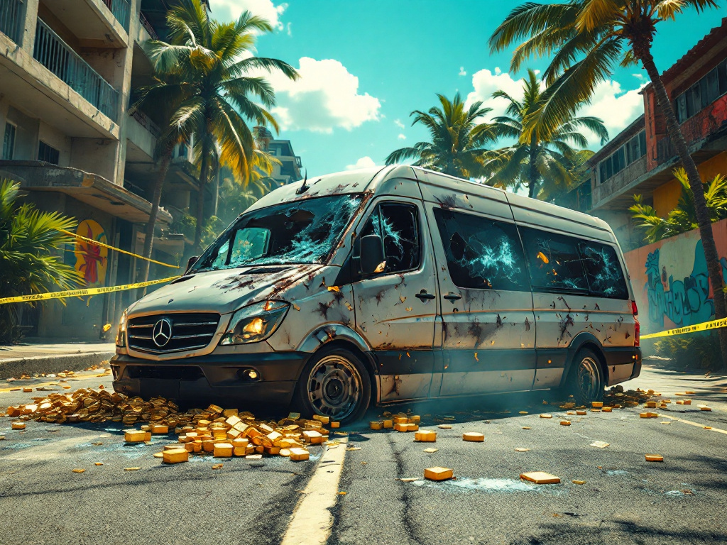 A security van with shattered windows and bullet holes after an armed gold heist in Papua New Guinea, cordoned off by police tape.