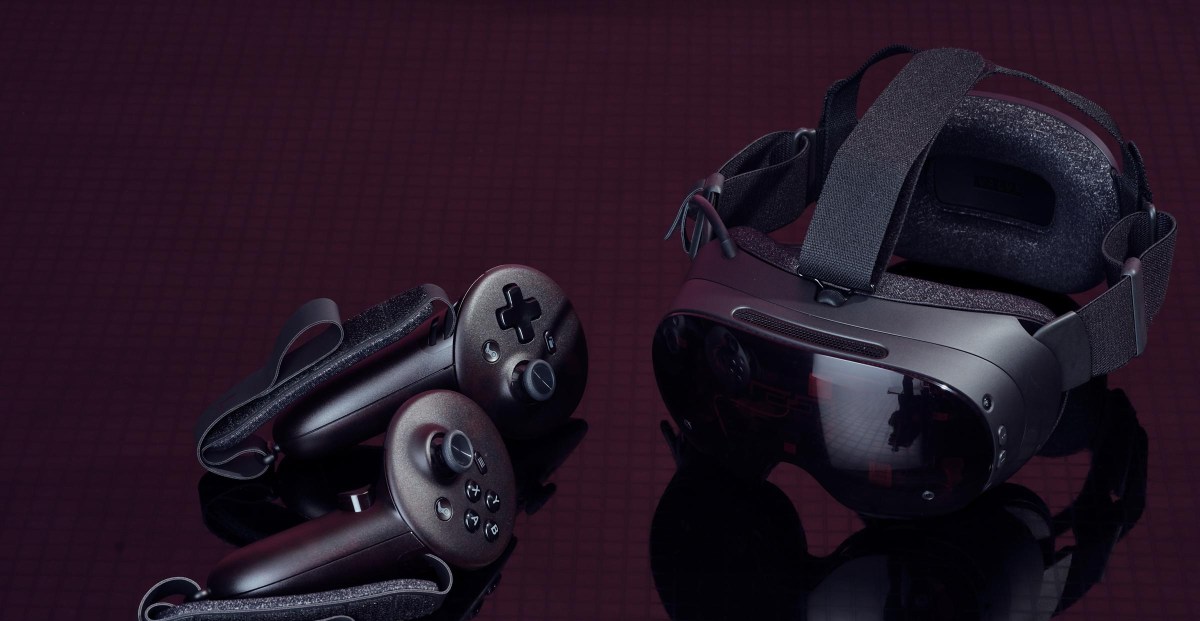 Valve Steam Frame VR headset on a desk with ambient lighting