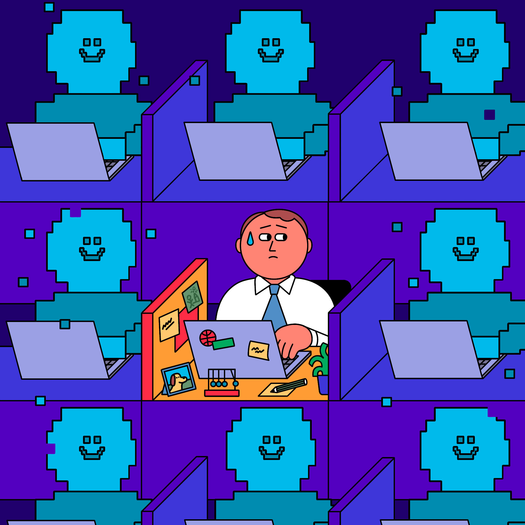 Diverse professionals working in a modern office with AI-driven data displays on screens
