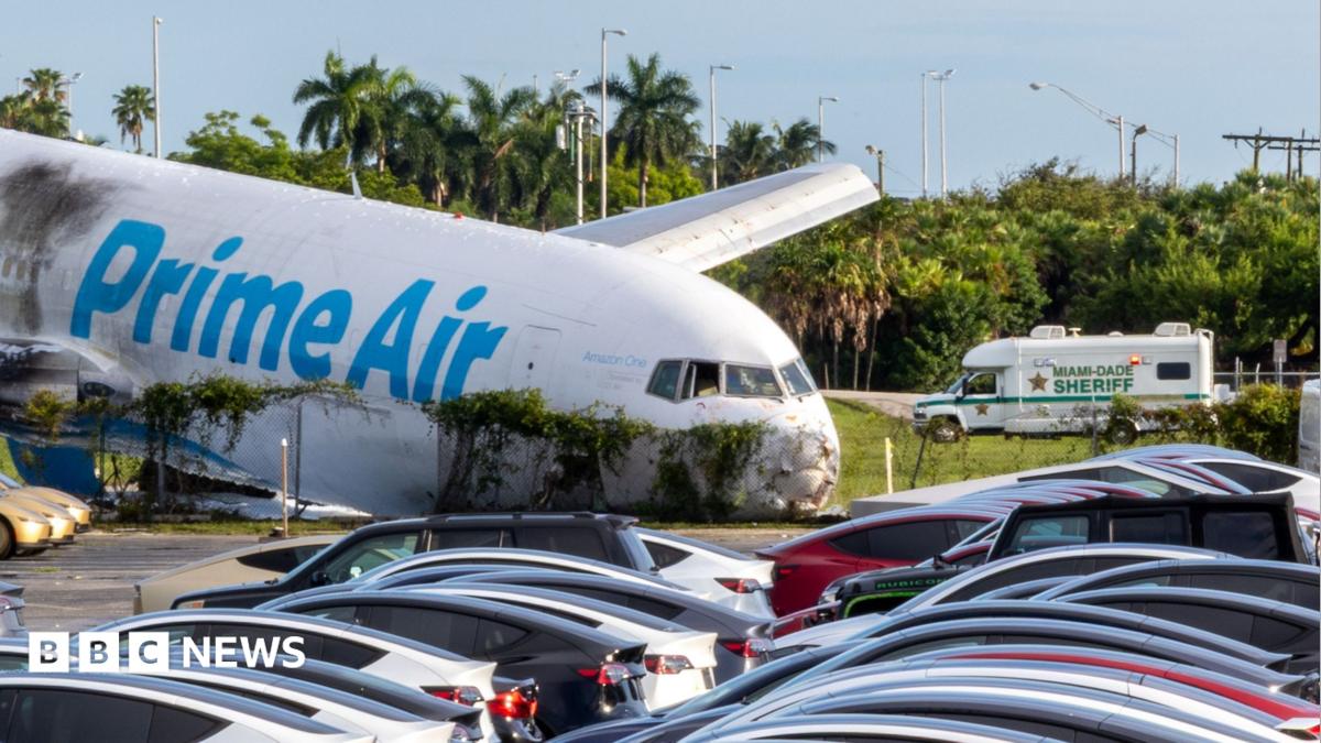 Wreckage of a cargo plane after a runway overrun at Miami International Airport.