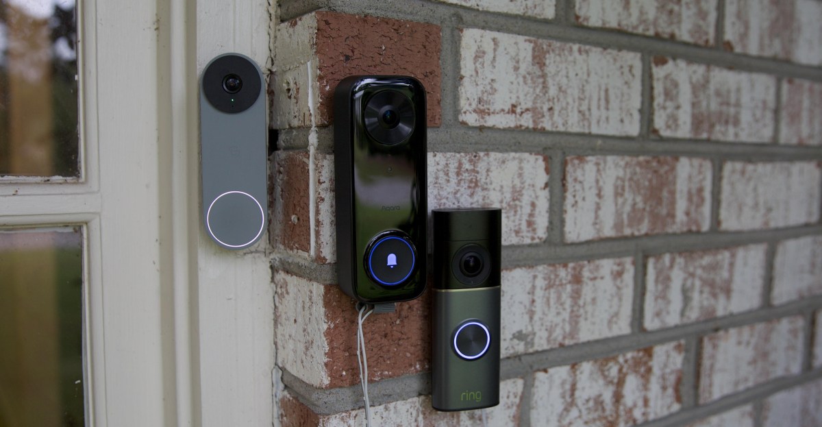 Apple Home hub, Ring doorbell, and Google Nest camera displayed together in a stylish living room.