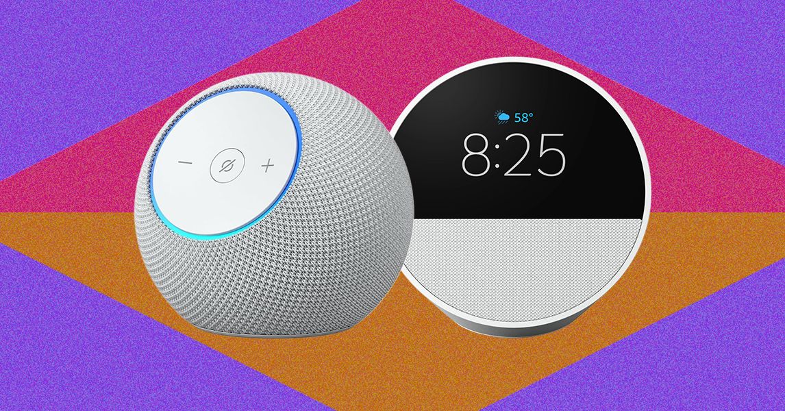 Four smart speakers lined up on a wooden shelf in a sunlit living room for a 2026 Alexa speaker comparison.