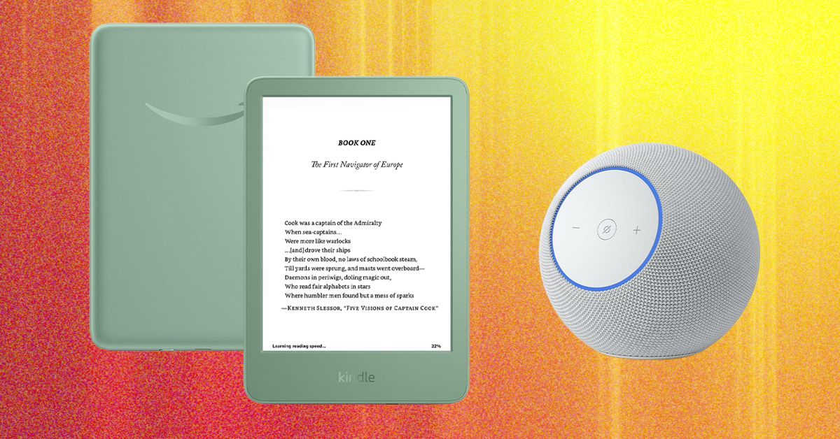 A curated display of Amazon Echo devices and a Kindle tablet arranged on a wooden coffee table with warm ambient lighting, representing holiday tech shopping.