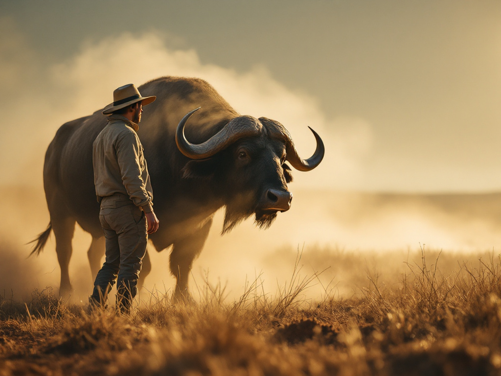 A tourist cautiously observing a wild buffalo in the Australian outback, illustrating wildlife encounter safety.