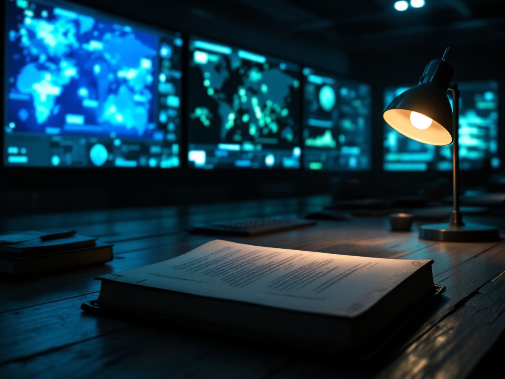 A dimly lit military command center with digital maps and an open strategy book, symbolizing the strategic and leadership challenges of US military purges.