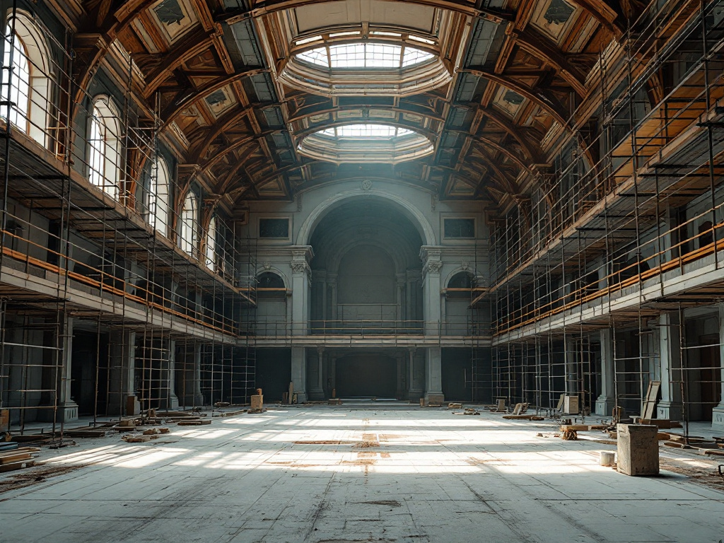 An unfinished grand ballroom interior with scaffolding and architectural details under construction