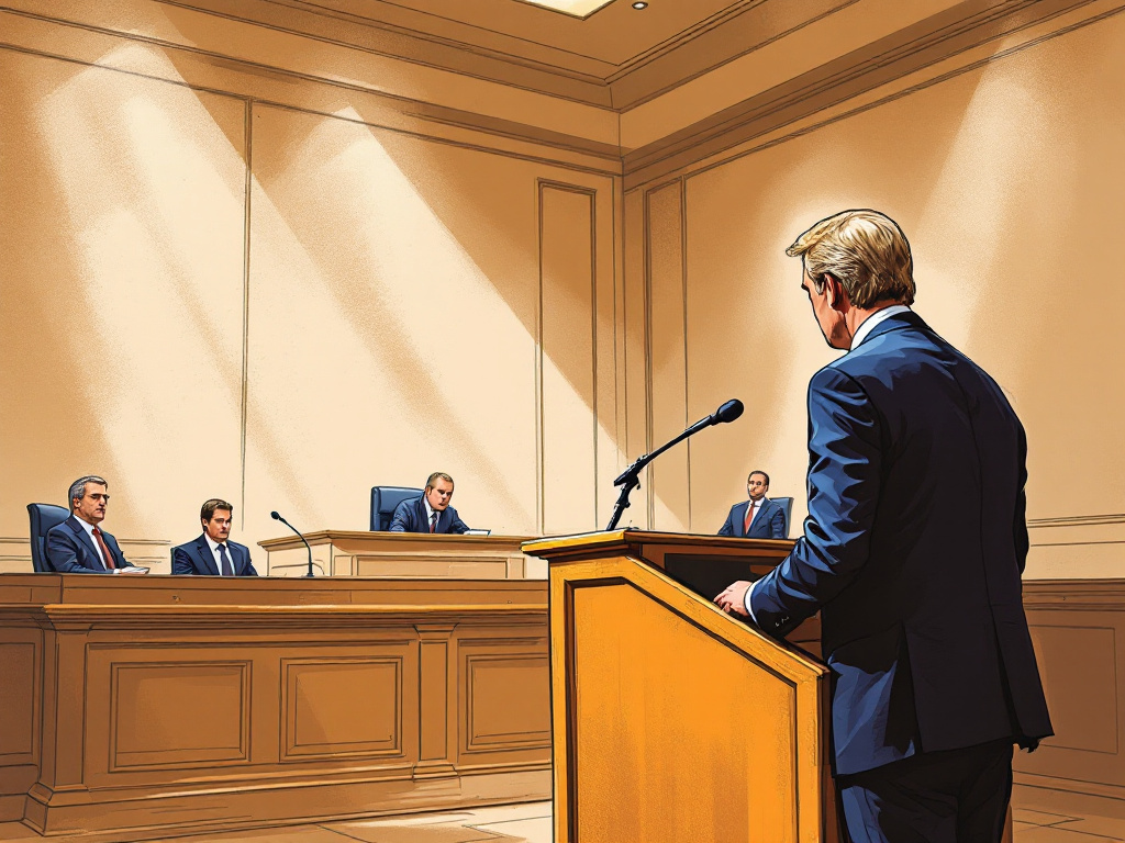 Illustration of a courtroom during a high-profile trial, showing a witness stand and judge's bench with dramatic lighting.