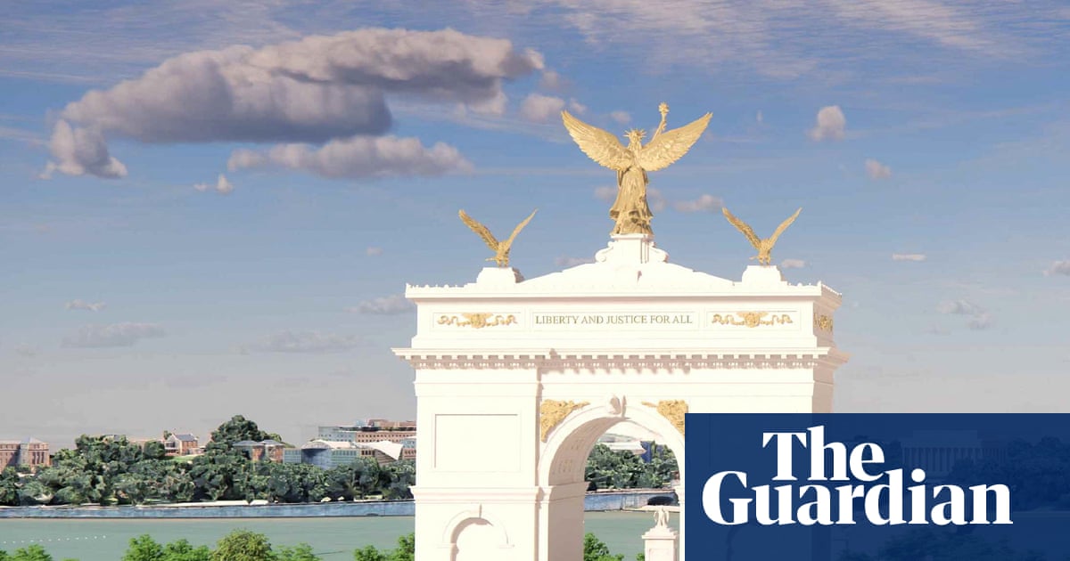 Trump DC bunker with gilded arch and helipad dominating the Washington skyline