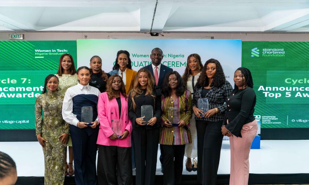 Nigerian women entrepreneurs collaborating in a tech co‑working space