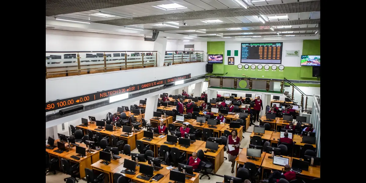 Lagos skyline with NGX building and trading floor showing rising stock tickers