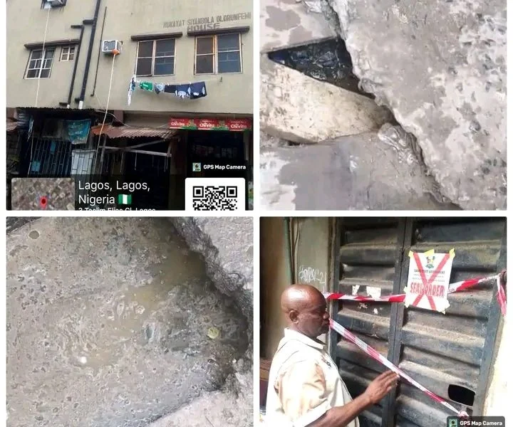 Sealed residential properties in Lagos with padlocked doors beside polluted drains, illustrating the Lagos sewage crackdown enforcement.