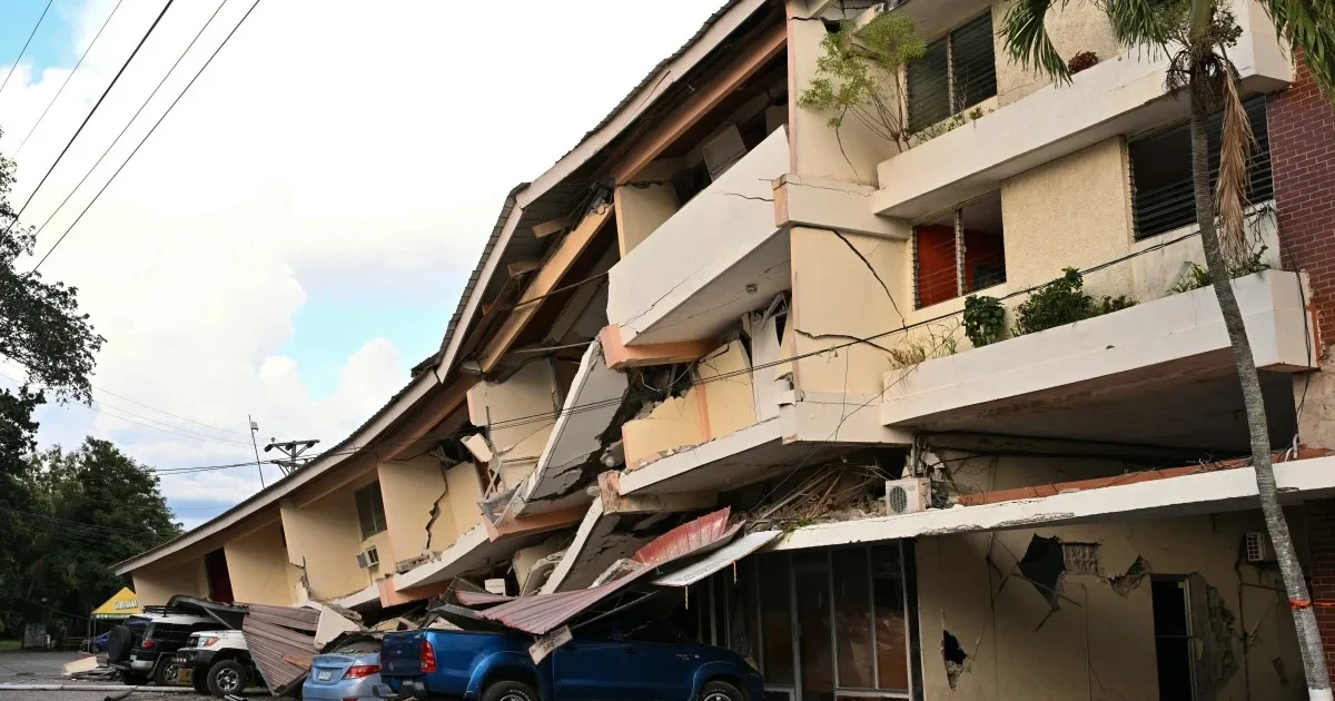 Collapsed structures and cracked road after a strong earthquake in Panama, with an African continent silhouette hinting at shared disaster concerns.