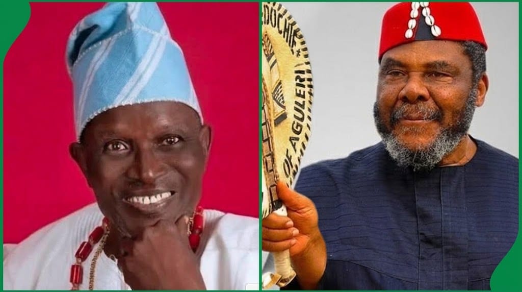 Silhouettes of veteran theatre practitioners representing the elders who influenced Nollywood stars, with younger actors in the background highlighting generational respect and legacy