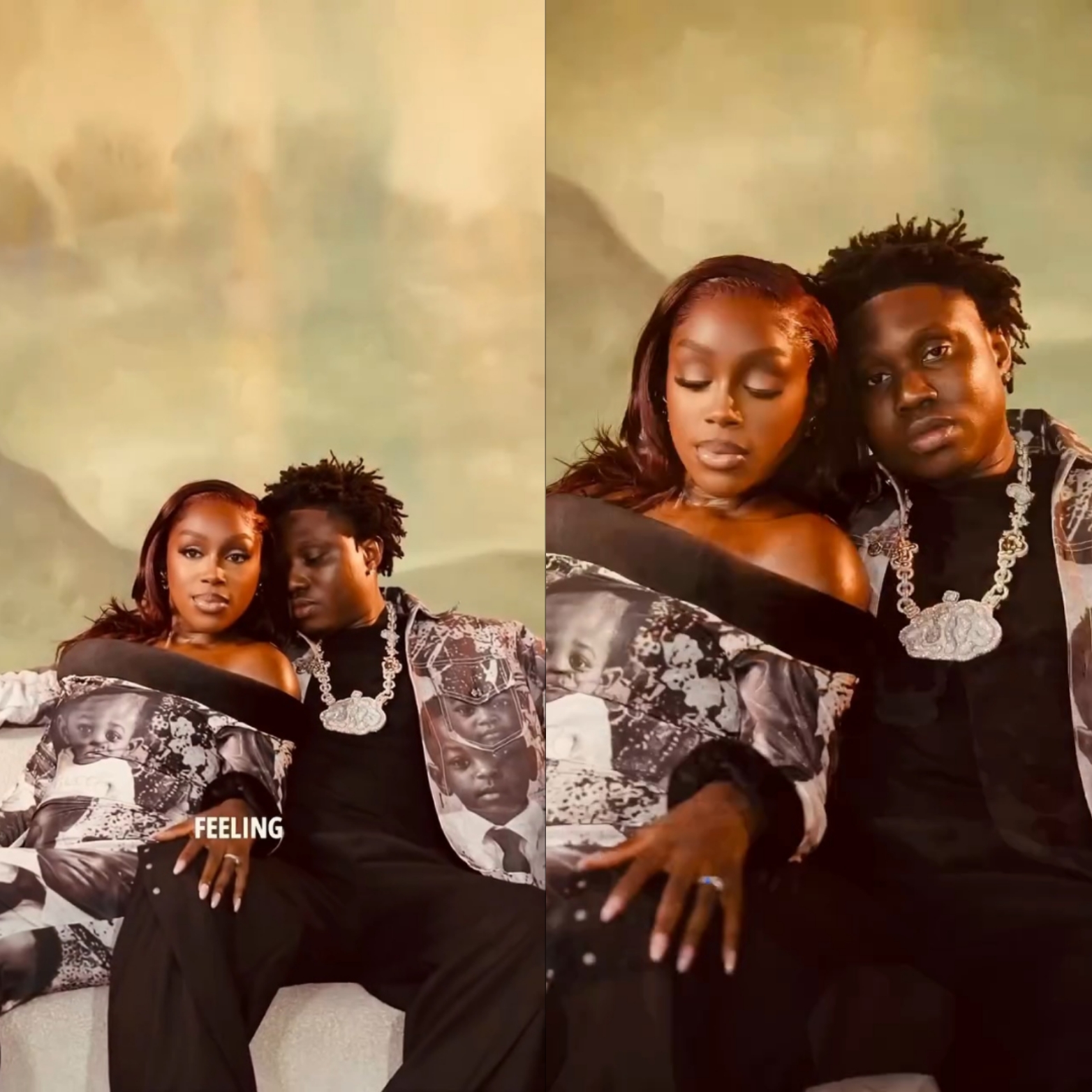 Romantic African couple in modern African attire under evening sky with tropical flowers
