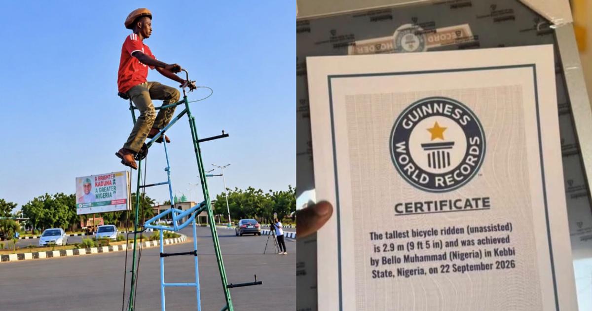 Nigerian cyclist Bello Muhammad's record-breaking 9ft 5in self-built bicycle on display in a rural Nigerian community, showcasing local craftsmanship and innovation.