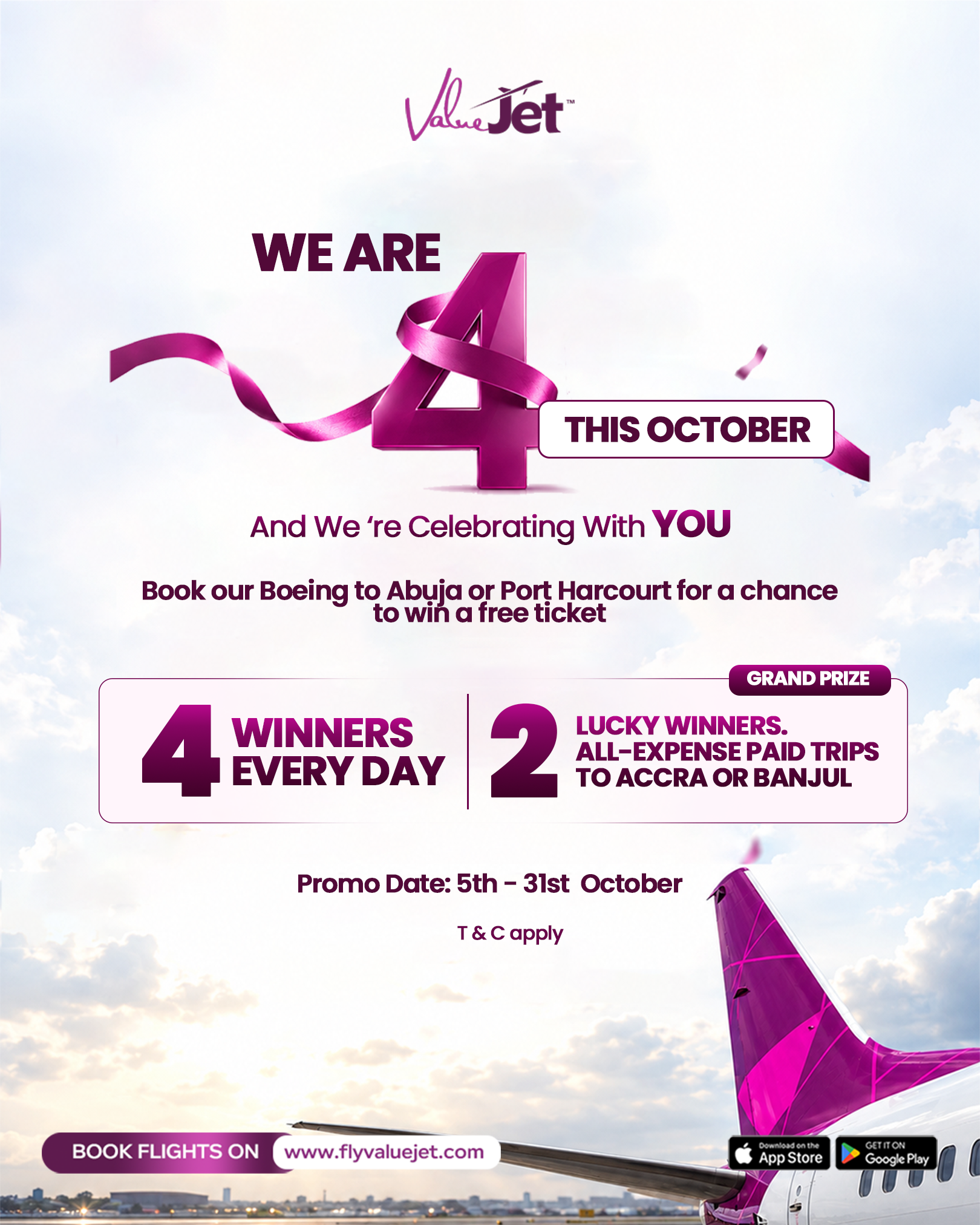 ValueJet aircraft and happy passengers at a Lagos airport terminal celebrating the airline's four‑year anniversary.