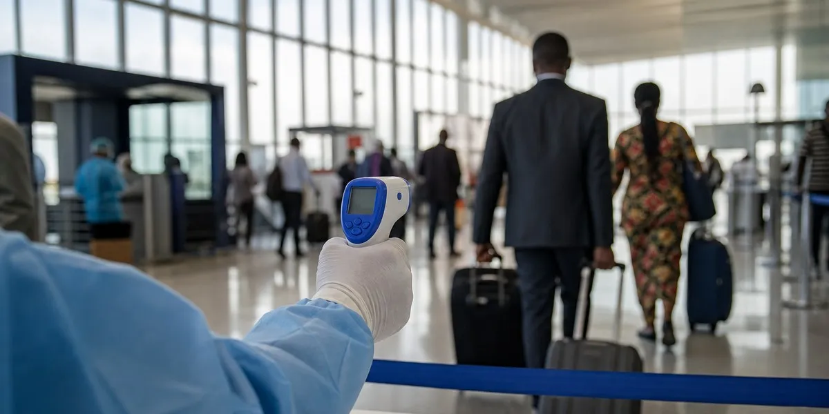 Border checkpoint in Uganda with health screening tents for Ebola control
