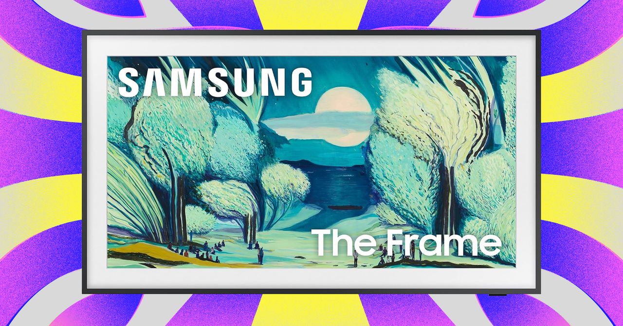 Samsung The Frame TV showing a painting in a stylish living room setting