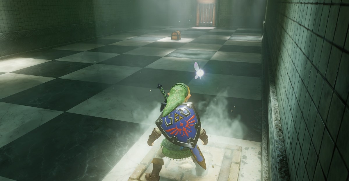 Misty Hyrule forest at twilight with Master Sword in stone and a shadowy figure lurking.