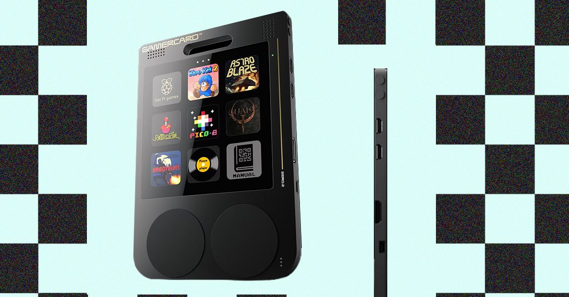 GamerCard handheld device with retro screen on a desk