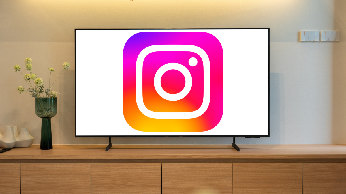 Apple TV screen displaying Instagram video content in a contemporary living room