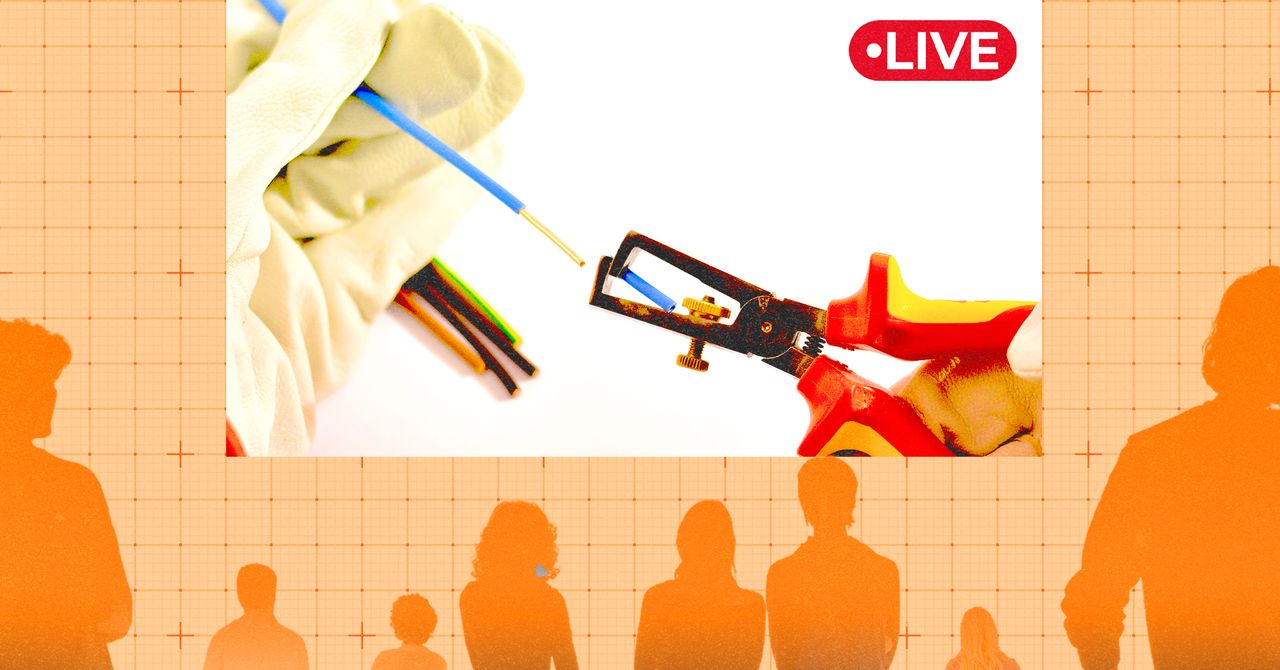 Hand stripping copper wire while a laptop shows a social media post about the copper wire side hustle