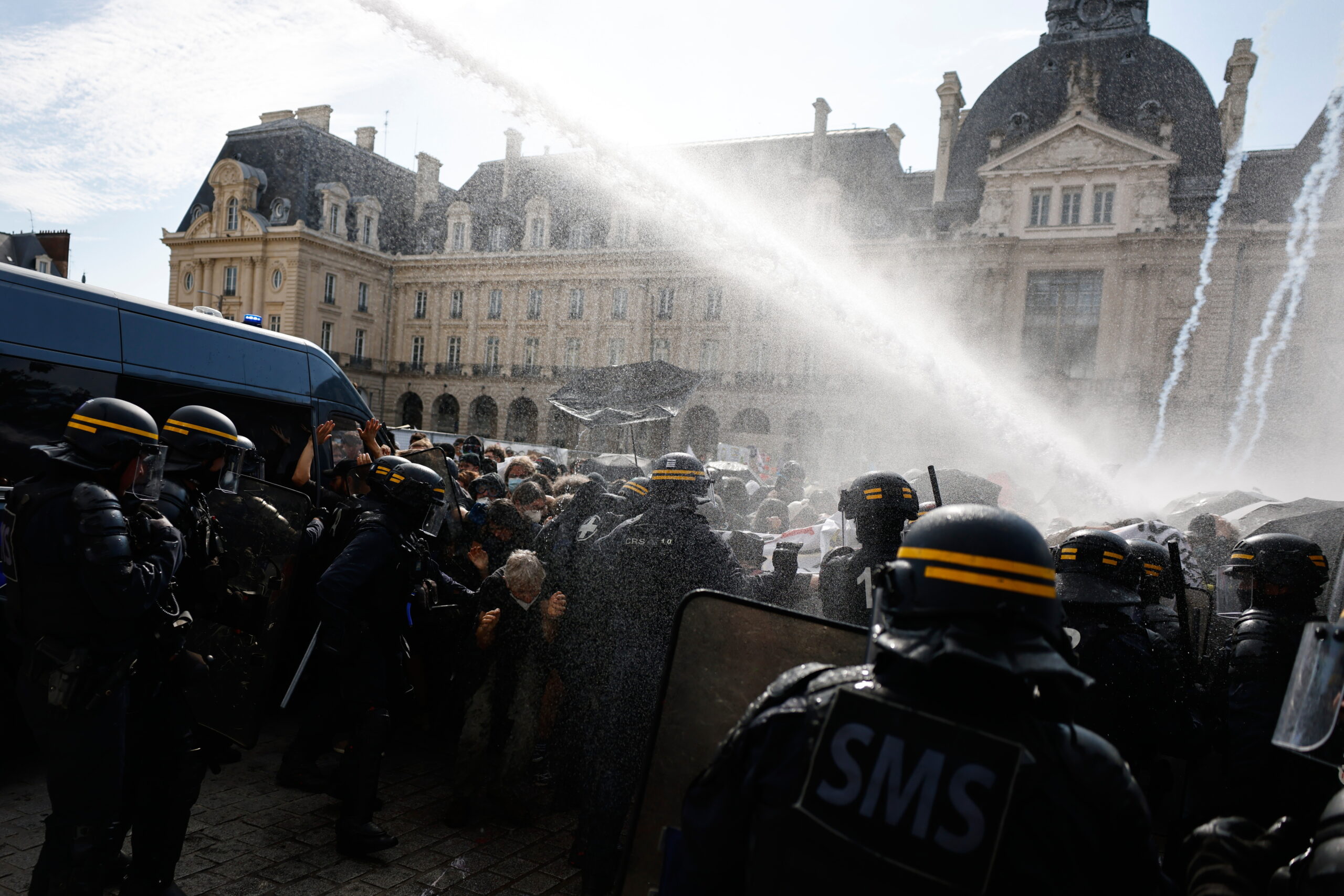Students protesting in a French city as police deploy tear gas and water cannons