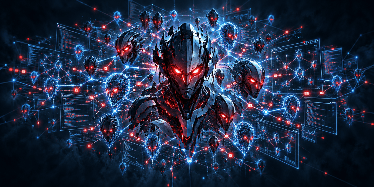 Data center with digital swarm overlay representing Armadi's agent swarm technology